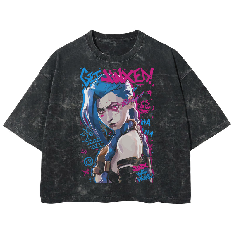 Playera streetwear premium de anime y gaming ExtraLife MX, corte boxy deluxe mineral wash heavyweight en color Acid Wash, moda urbana mexicana de culto.