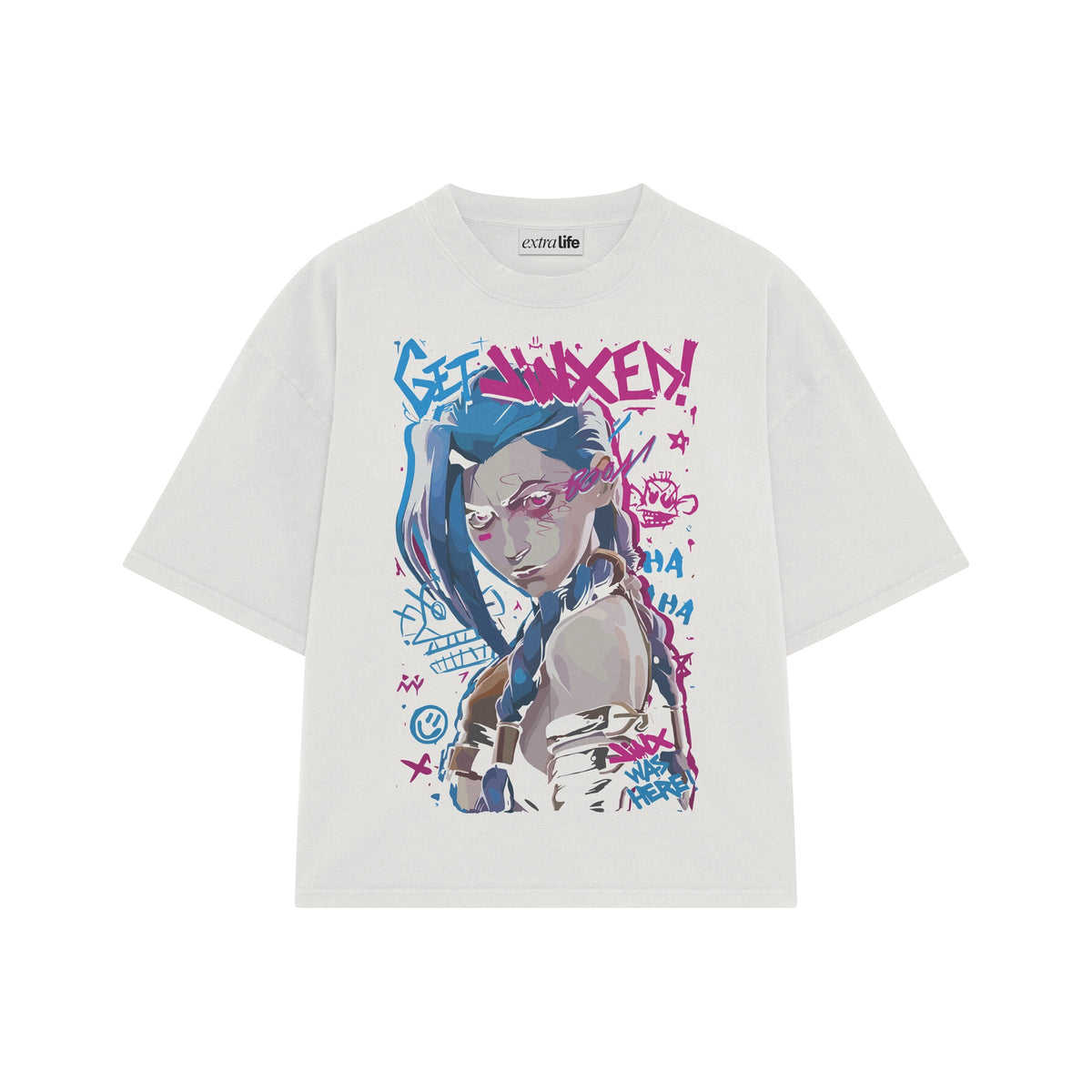 Playera streetwear premium de anime y gaming ExtraLife MX, corte oversized drop shoulder ligero y fresco en color Deep Black y Off-White, moda urbana mexicana de culto.