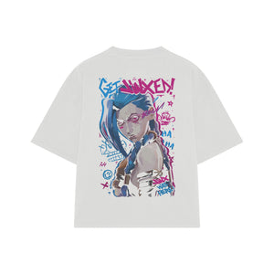 Playera streetwear premium de anime y gaming ExtraLife MX, corte boxy oversized drop shoulder heavyweight en color Deep Black y Off-White, moda urbana mexicana de culto.