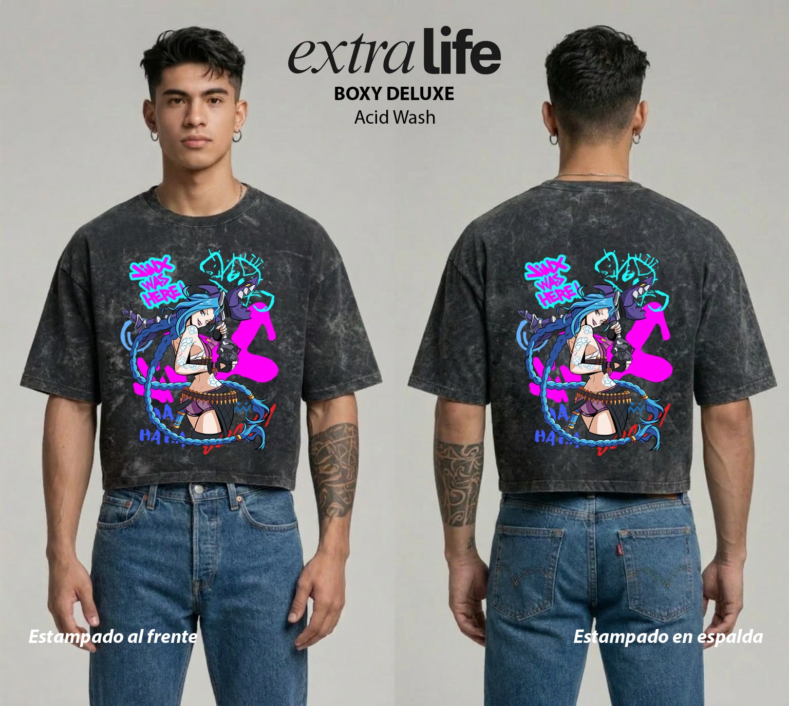 Playera streetwear premium de anime y gaming ExtraLife MX, corte boxy deluxe mineral wash heavyweight en color Acid Wash, moda urbana mexicana de culto.