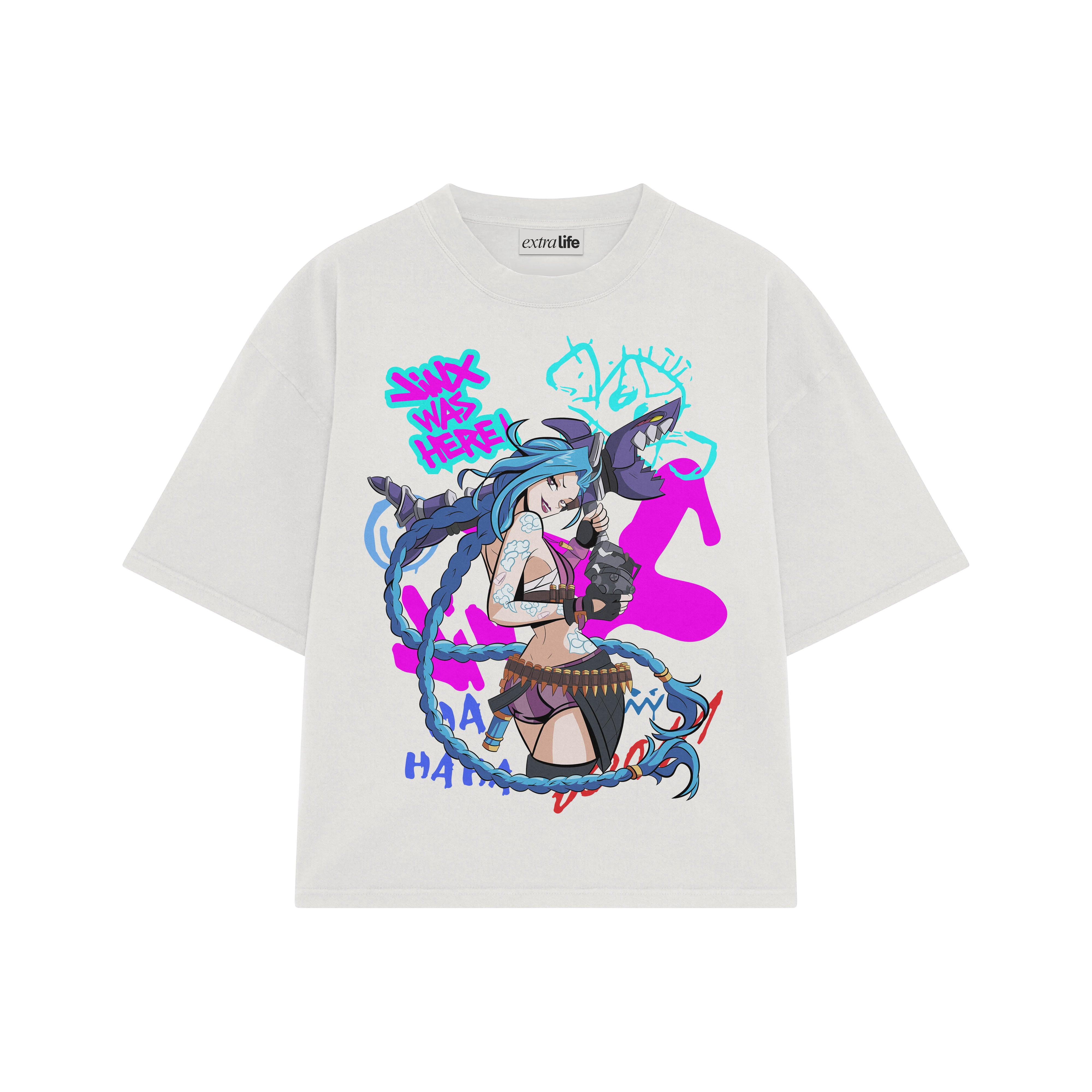 Playera streetwear premium de anime y gaming ExtraLife MX, corte boxy oversized drop shoulder heavyweight en color Deep Black y Off-White, moda urbana mexicana de culto.