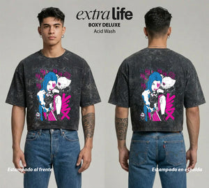 Playera streetwear premium de anime y gaming ExtraLife MX, corte boxy deluxe mineral wash heavyweight en color Acid Wash, moda urbana mexicana de culto.