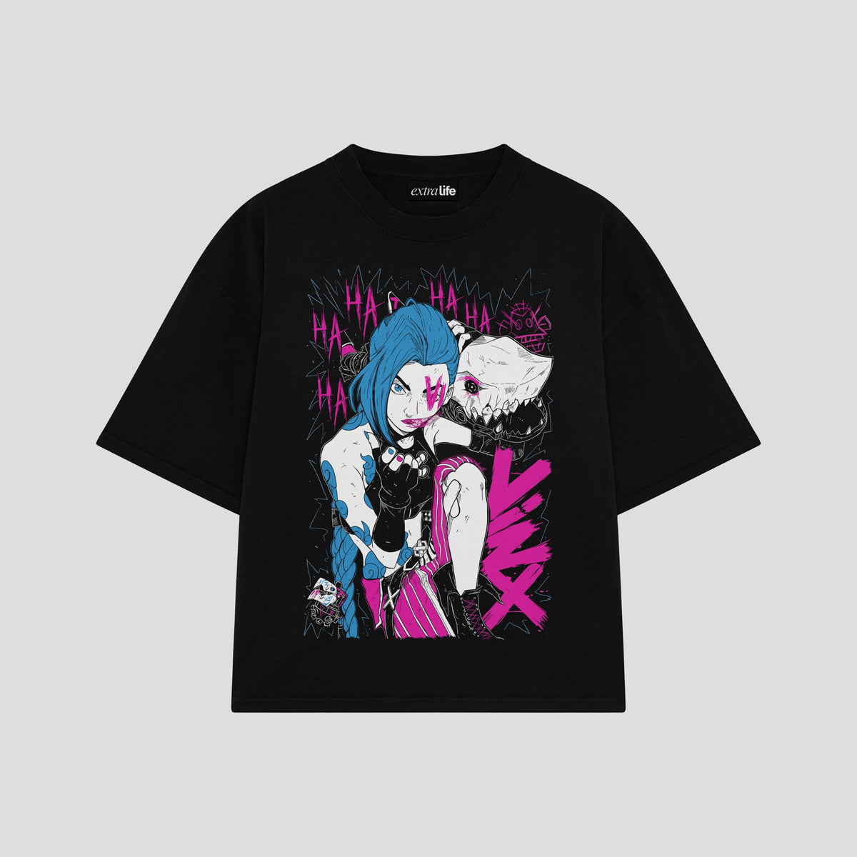 Playera streetwear premium de anime y gaming ExtraLife MX, corte oversized drop shoulder ligero y fresco en color Deep Black y Off-White, moda urbana mexicana de culto.