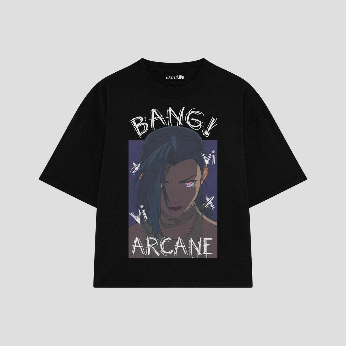 Playera streetwear premium de anime y gaming ExtraLife MX, corte oversized drop shoulder ligero y fresco en color Deep Black y Off-White, moda urbana mexicana de culto.