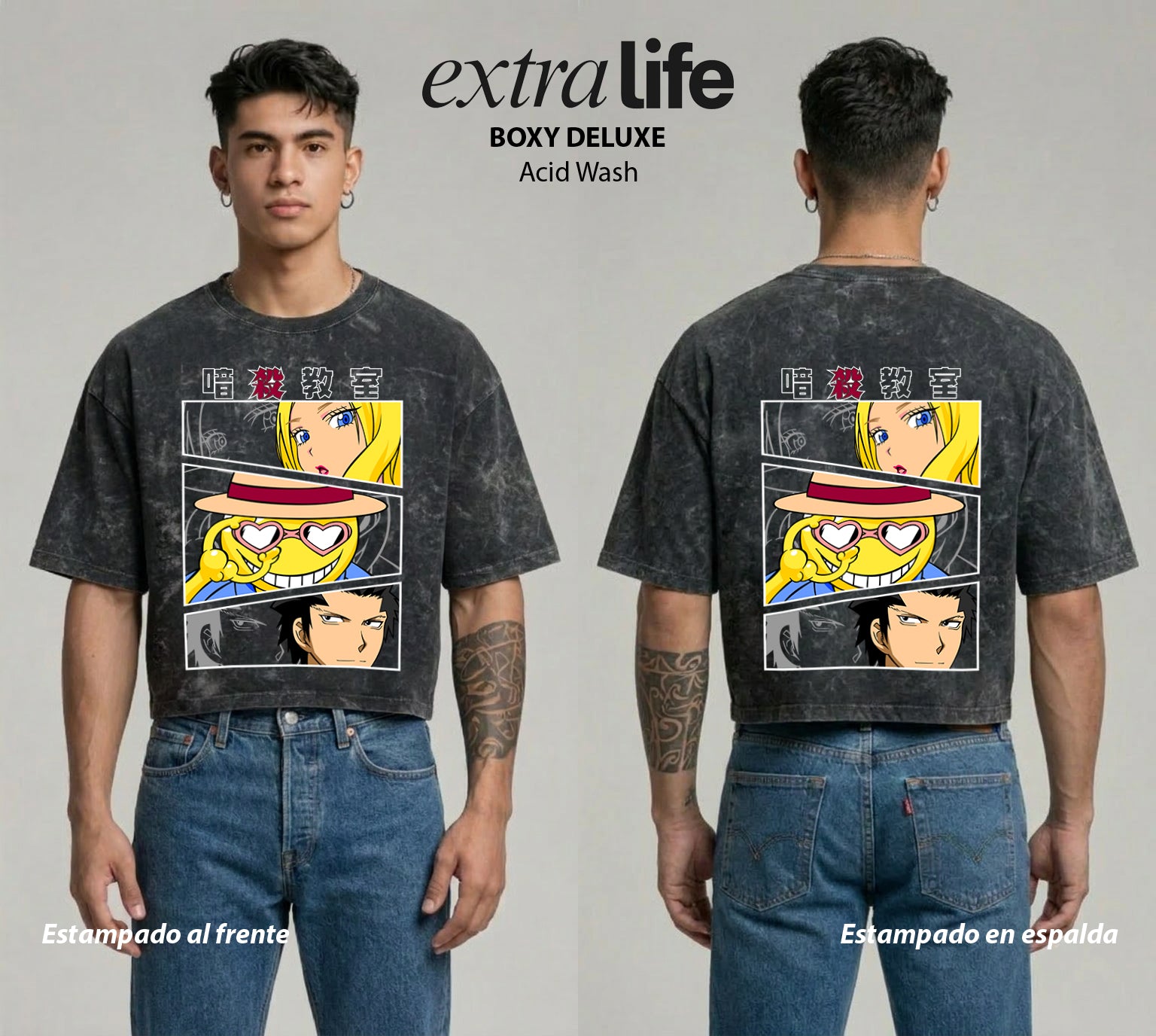 Playera streetwear premium de anime y gaming ExtraLife MX, corte boxy deluxe mineral wash heavyweight en color Acid Wash, moda urbana mexicana de culto.