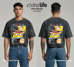 Playera streetwear premium de anime y gaming ExtraLife MX, corte boxy deluxe mineral wash heavyweight en color Acid Wash, moda urbana mexicana de culto.