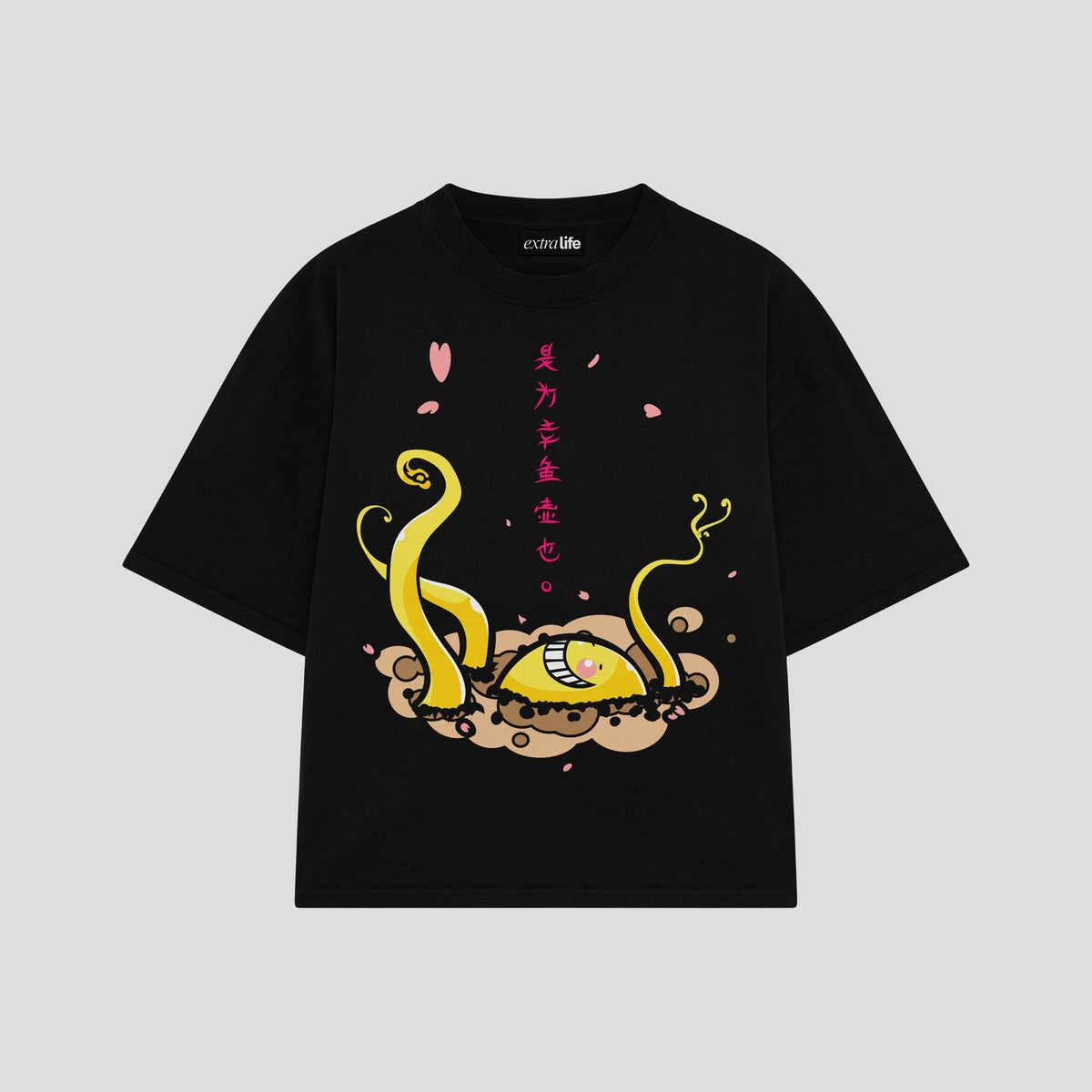 Playera streetwear premium de anime y gaming ExtraLife MX, corte oversized drop shoulder ligero y fresco en color Deep Black y Off-White, moda urbana mexicana de culto.