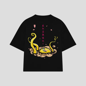 Playera streetwear premium de anime y gaming ExtraLife MX, corte boxy oversized drop shoulder heavyweight en color Deep Black y Off-White, moda urbana mexicana de culto.