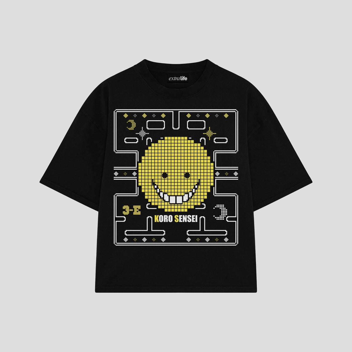 Playera streetwear premium de anime y gaming ExtraLife MX, corte oversized drop shoulder ligero y fresco en color Deep Black y Off-White, moda urbana mexicana de culto.