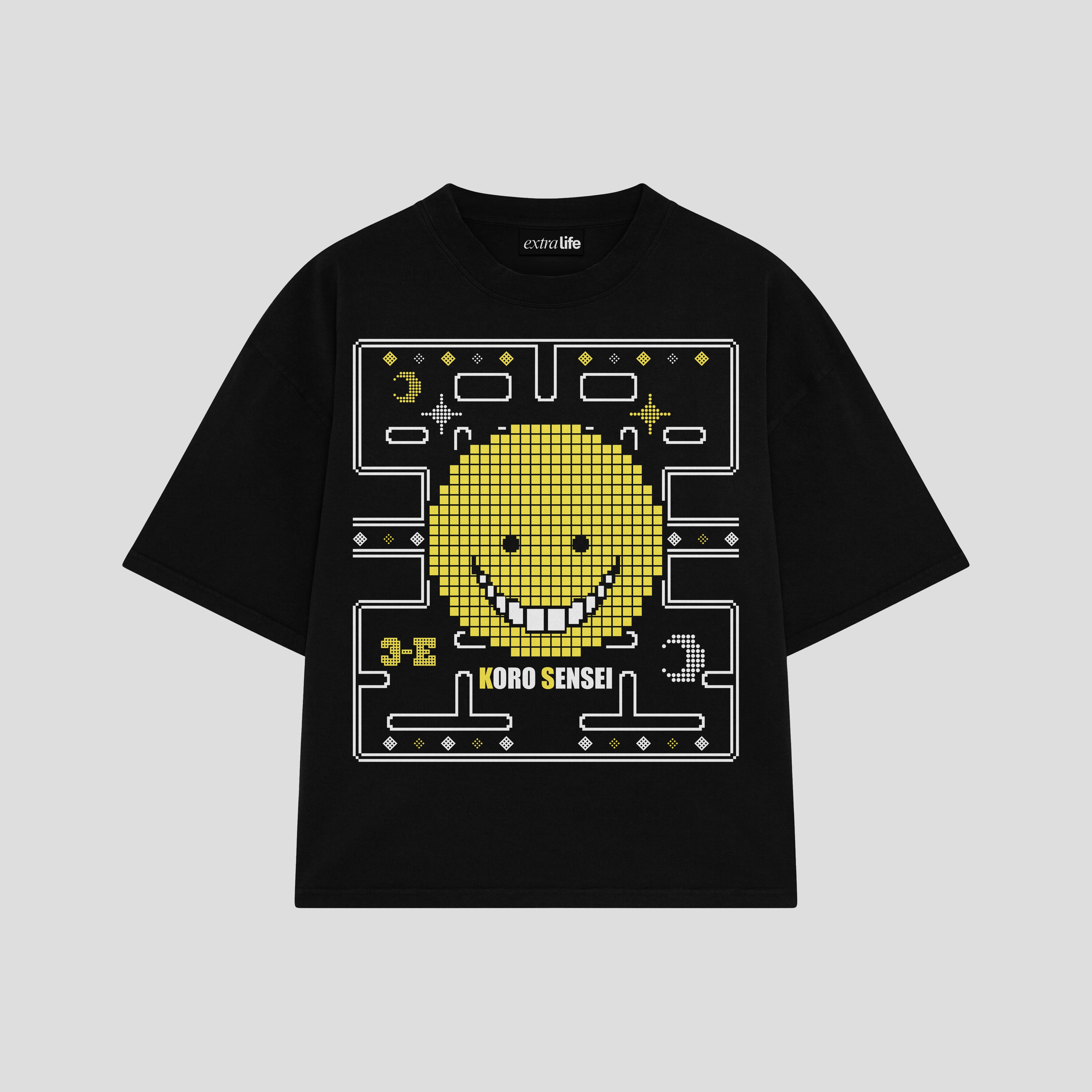 Playera streetwear premium de anime y gaming ExtraLife MX, corte boxy oversized drop shoulder heavyweight en color Deep Black y Off-White, moda urbana mexicana de culto.