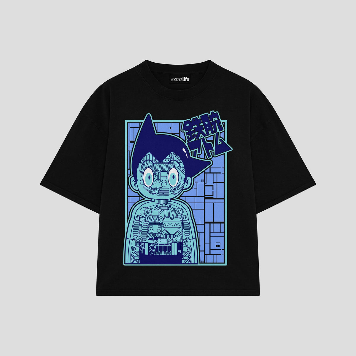 Playera streetwear premium de anime y gaming ExtraLife MX, corte oversized drop shoulder ligero y fresco en color Deep Black y Off-White, moda urbana mexicana de culto.