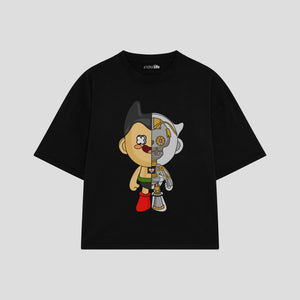 Playera streetwear premium de anime y gaming ExtraLife MX, corte boxy oversized drop shoulder heavyweight en color Deep Black y Off-White, moda urbana mexicana de culto.
