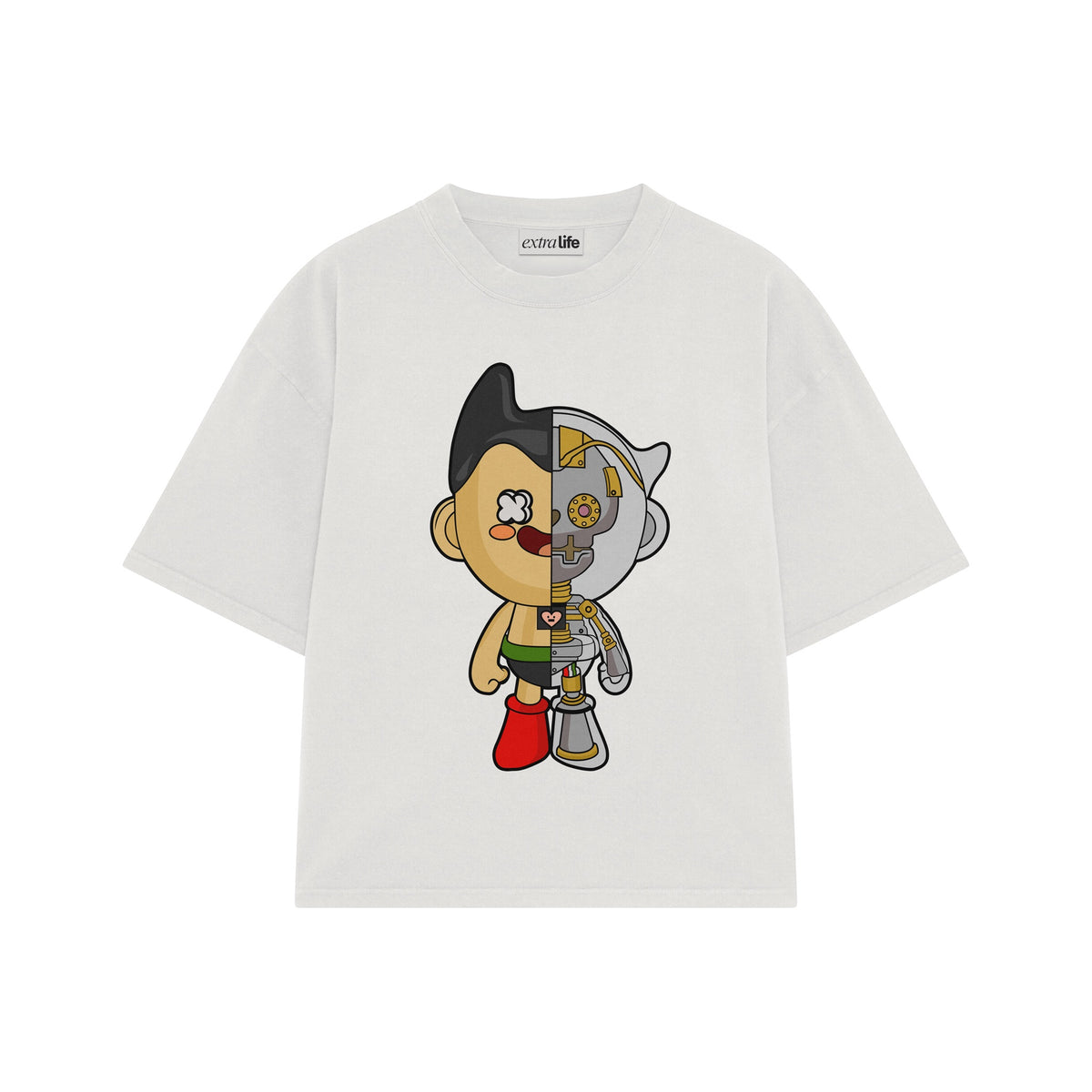 Playera streetwear premium de anime y gaming ExtraLife MX, corte oversized drop shoulder ligero y fresco en color Deep Black y Off-White, moda urbana mexicana de culto.