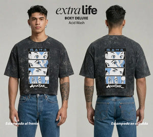 Playera streetwear premium de anime y gaming ExtraLife MX, corte boxy deluxe mineral wash heavyweight en color Acid Wash, moda urbana mexicana de culto.