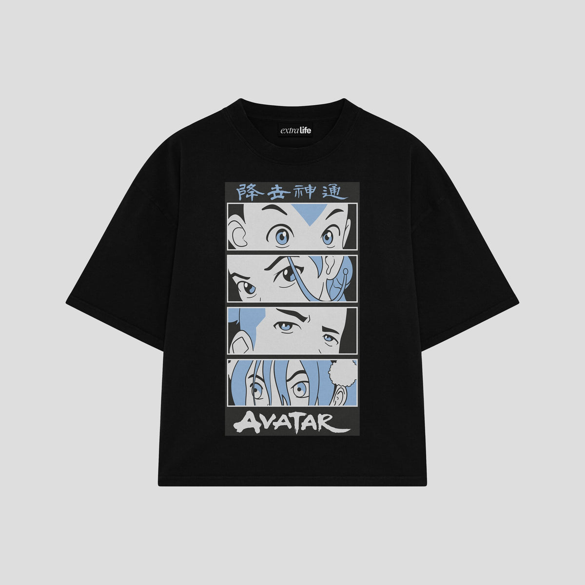 Playera streetwear premium de anime y gaming ExtraLife MX, corte oversized drop shoulder ligero y fresco en color Deep Black y Off-White, moda urbana mexicana de culto.