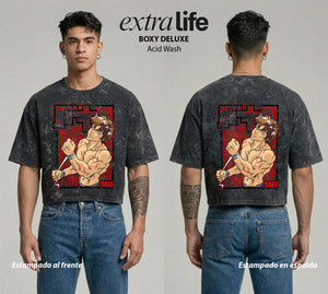 Playera streetwear premium de anime y gaming ExtraLife MX, corte boxy deluxe mineral wash heavyweight en color Acid Wash, moda urbana mexicana de culto.