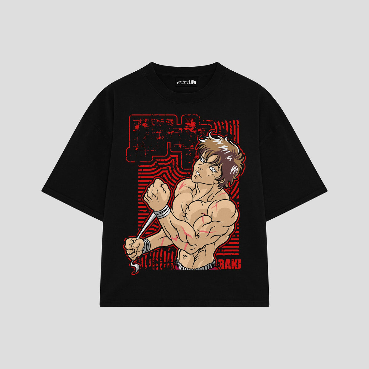 Playera streetwear premium de anime y gaming ExtraLife MX, corte oversized drop shoulder ligero y fresco en color Deep Black y Off-White, moda urbana mexicana de culto.