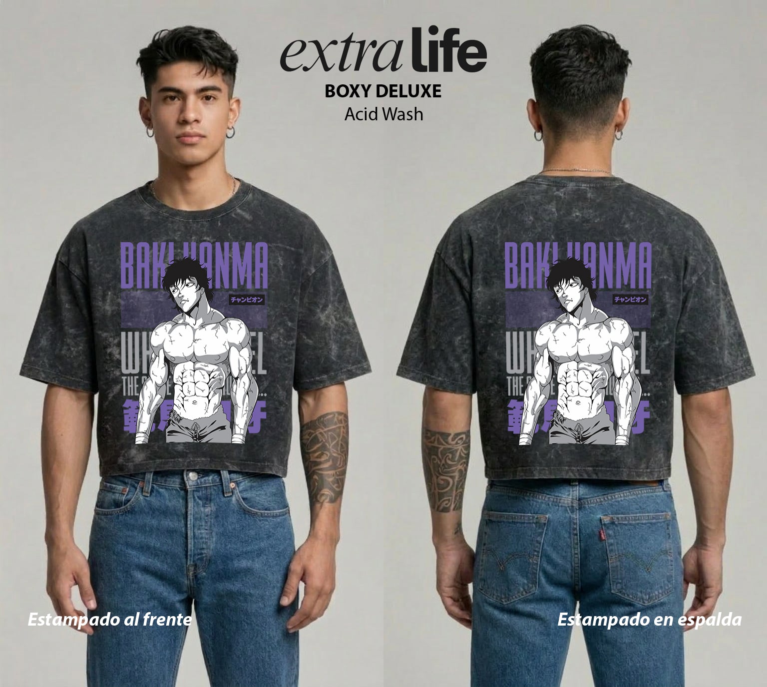 Playera streetwear premium de anime y gaming ExtraLife MX, corte boxy deluxe mineral wash heavyweight en color Acid Wash, moda urbana mexicana de culto.