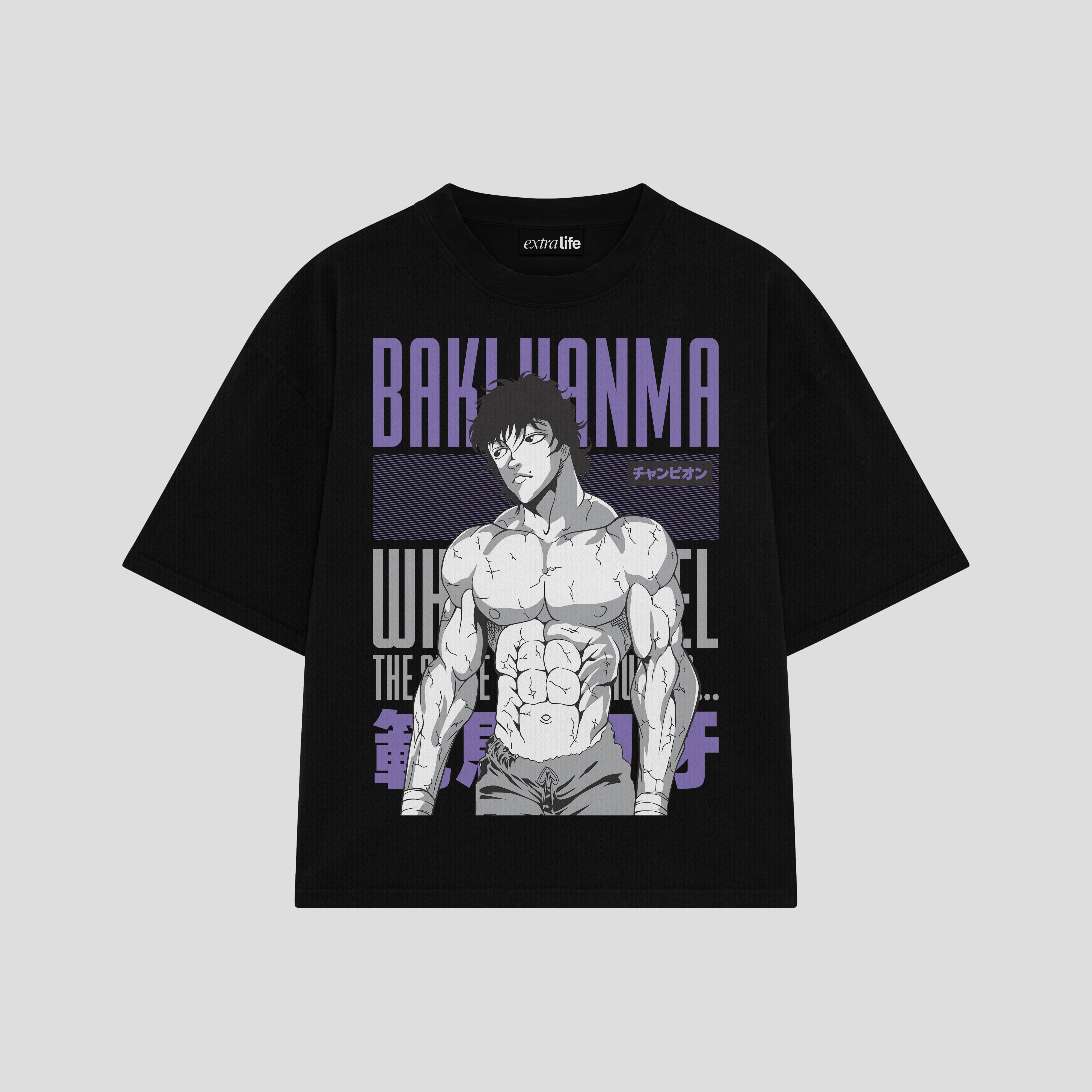 Playera streetwear premium de anime y gaming ExtraLife MX, corte boxy oversized drop shoulder heavyweight en color Deep Black y Off-White, moda urbana mexicana de culto.