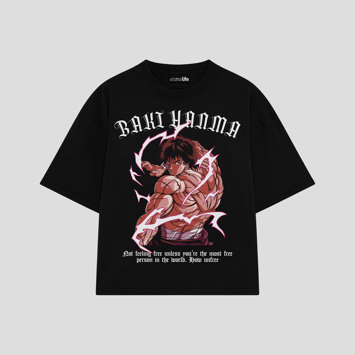 Playera streetwear premium de anime y gaming ExtraLife MX, corte oversized drop shoulder ligero y fresco en color Deep Black y Off-White, moda urbana mexicana de culto.