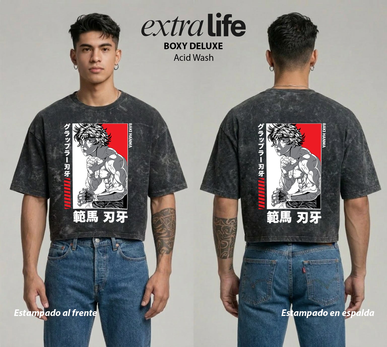 Playera streetwear premium de anime y gaming ExtraLife MX, corte boxy deluxe mineral wash heavyweight en color Acid Wash, moda urbana mexicana de culto.