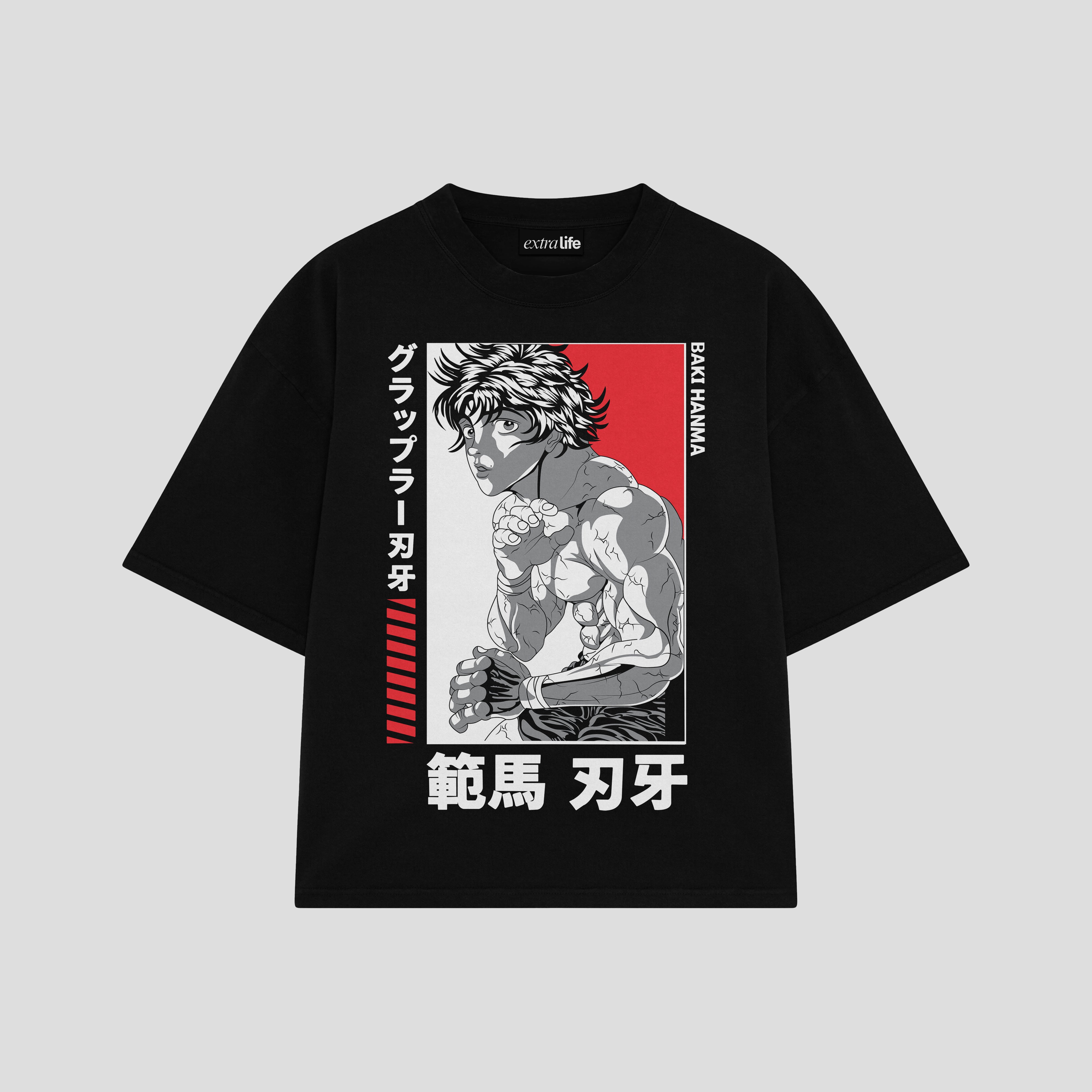 Playera streetwear premium de anime y gaming ExtraLife MX, corte boxy oversized drop shoulder heavyweight en color Deep Black y Off-White, moda urbana mexicana de culto.