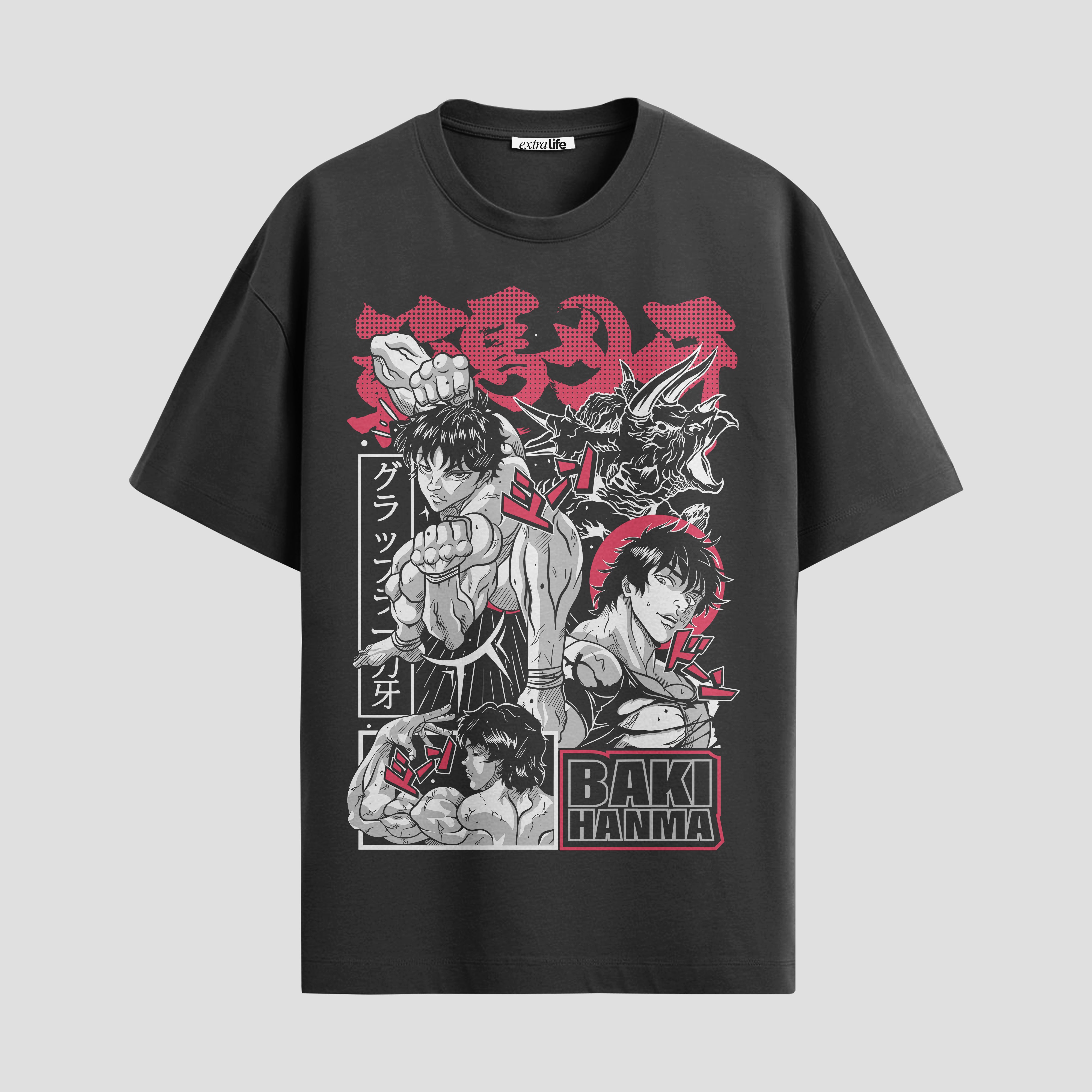 Playera urbana de anime y gaming ExtraLife MX, corte Standard Fit unisex ligero y transpirable en color Deep Black y Pure White, ropa de uso diario para gym y casual.