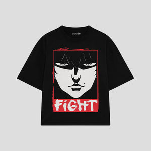 Playera streetwear premium de anime y gaming ExtraLife MX, corte boxy oversized drop shoulder heavyweight en color Deep Black y Off-White, moda urbana mexicana de culto.