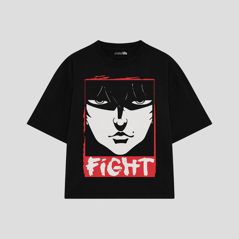 Playera streetwear premium de anime y gaming ExtraLife MX, corte boxy oversized drop shoulder heavyweight en color Deep Black y Off-White, moda urbana mexicana de culto.