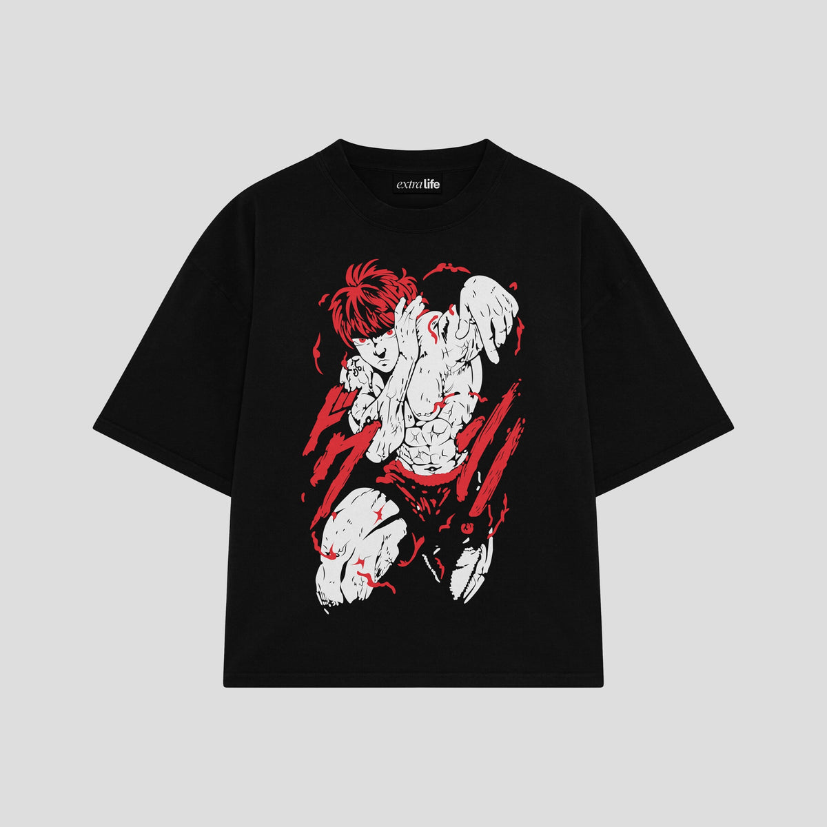 Playera streetwear premium de anime y gaming ExtraLife MX, corte oversized drop shoulder ligero y fresco en color Deep Black y Off-White, moda urbana mexicana de culto.