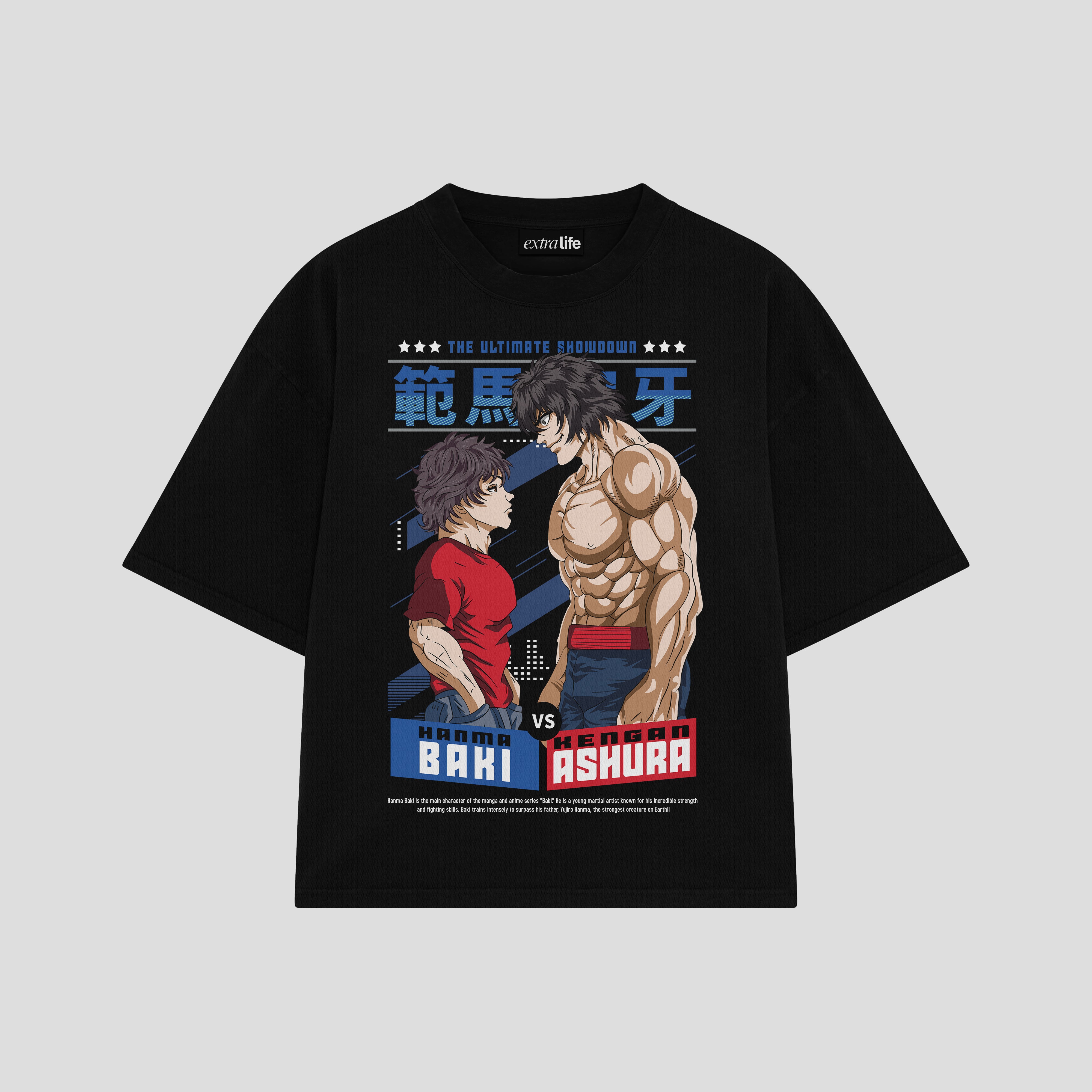 Playera streetwear premium de anime y gaming ExtraLife MX, corte boxy oversized drop shoulder heavyweight en color Deep Black y Off-White, moda urbana mexicana de culto.