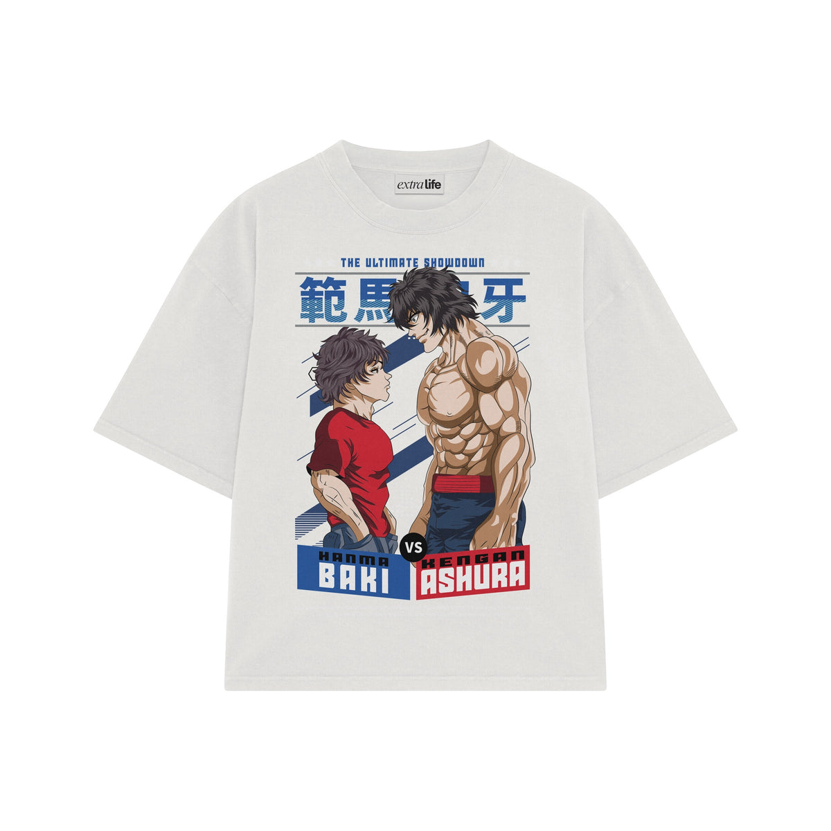 Playera streetwear premium de anime y gaming ExtraLife MX, corte oversized drop shoulder ligero y fresco en color Deep Black y Off-White, moda urbana mexicana de culto.
