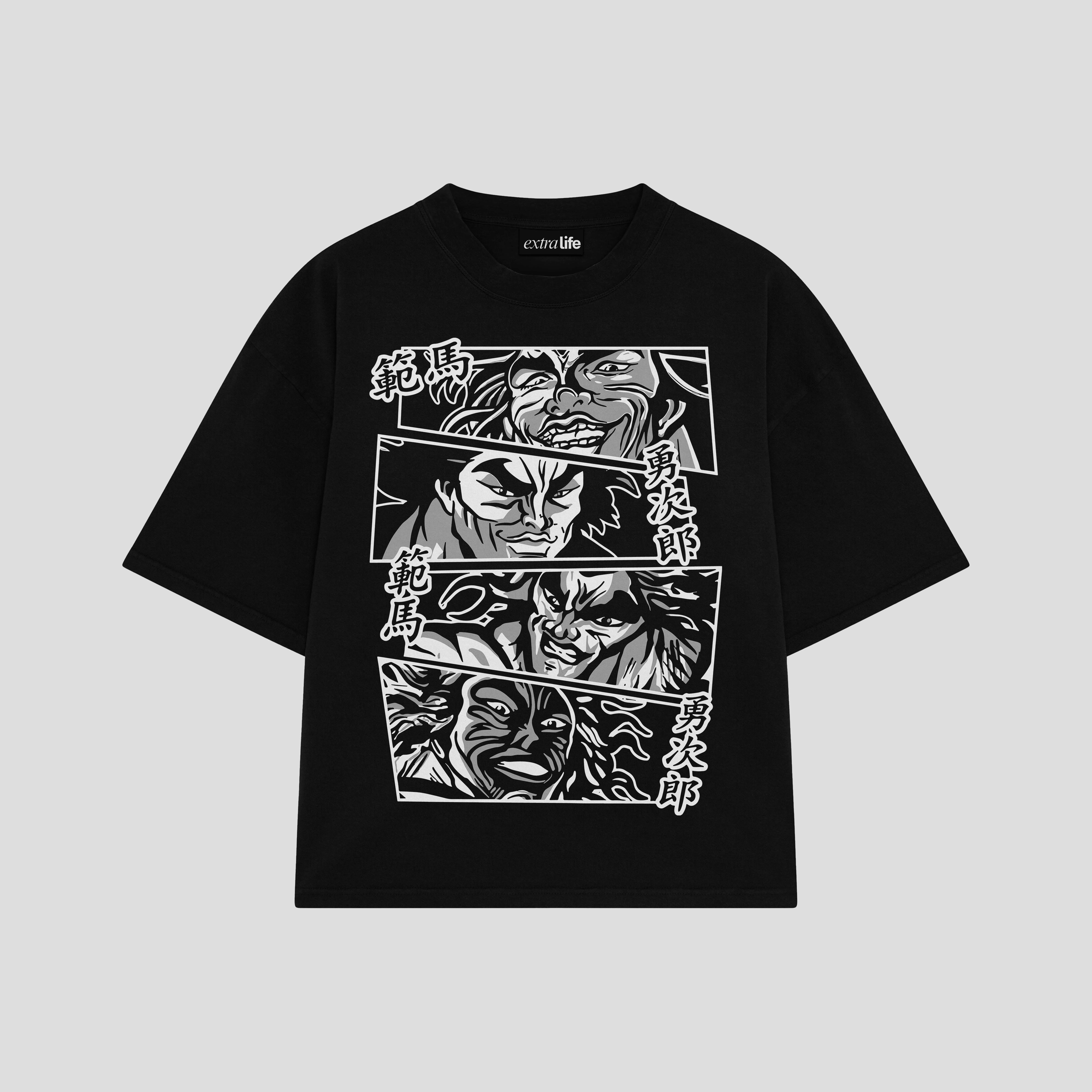 Playera streetwear premium de anime y gaming ExtraLife MX, corte boxy oversized drop shoulder heavyweight en color Deep Black y Off-White, moda urbana mexicana de culto.