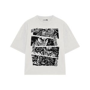 Playera streetwear premium de anime y gaming ExtraLife MX, corte boxy oversized drop shoulder heavyweight en color Deep Black y Off-White, moda urbana mexicana de culto.