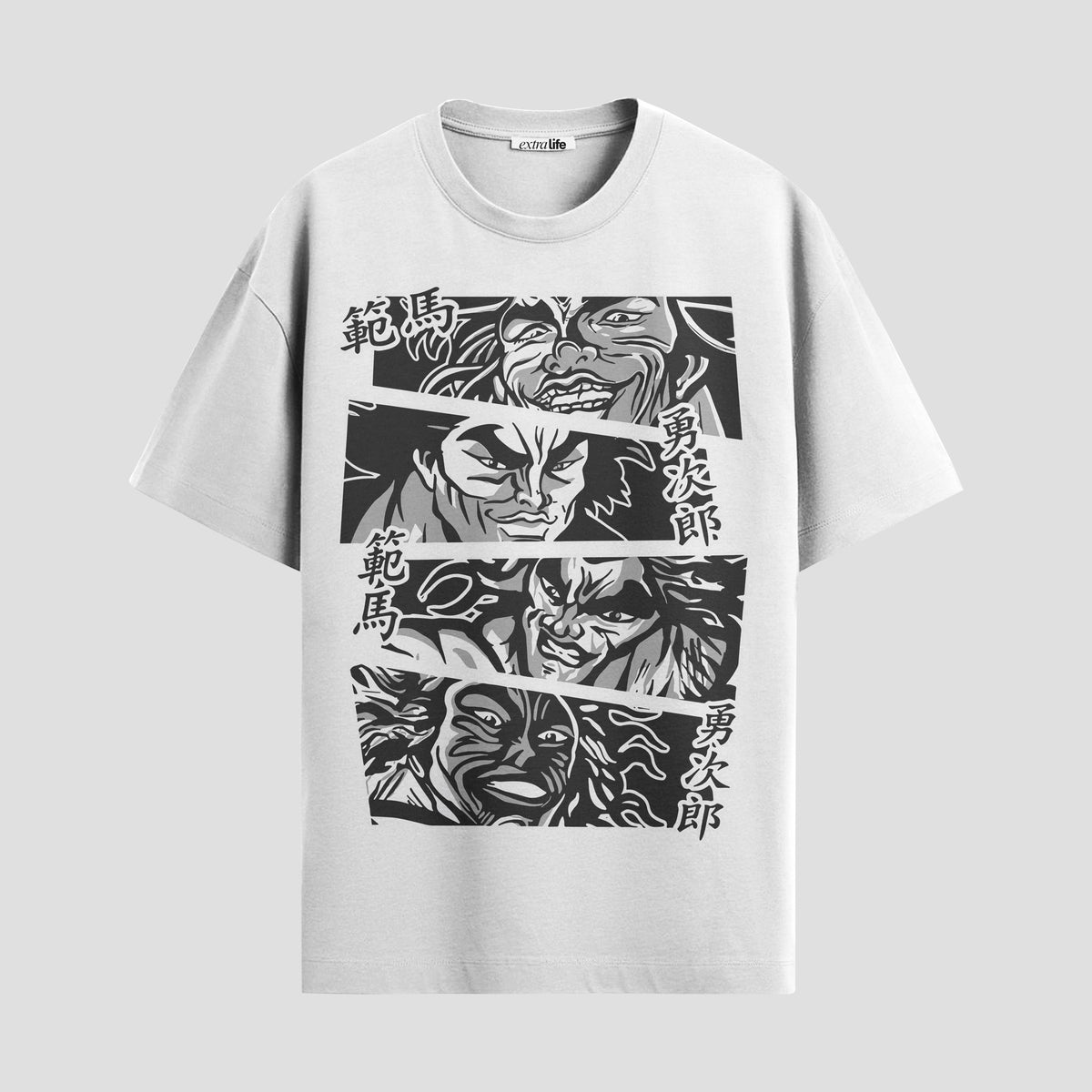 Playera urbana de anime y gaming ExtraLife MX, corte Classic Premium unisex ligero y transpirable en color Deep Black y Pure White, ropa de uso diario para gym y casual.
