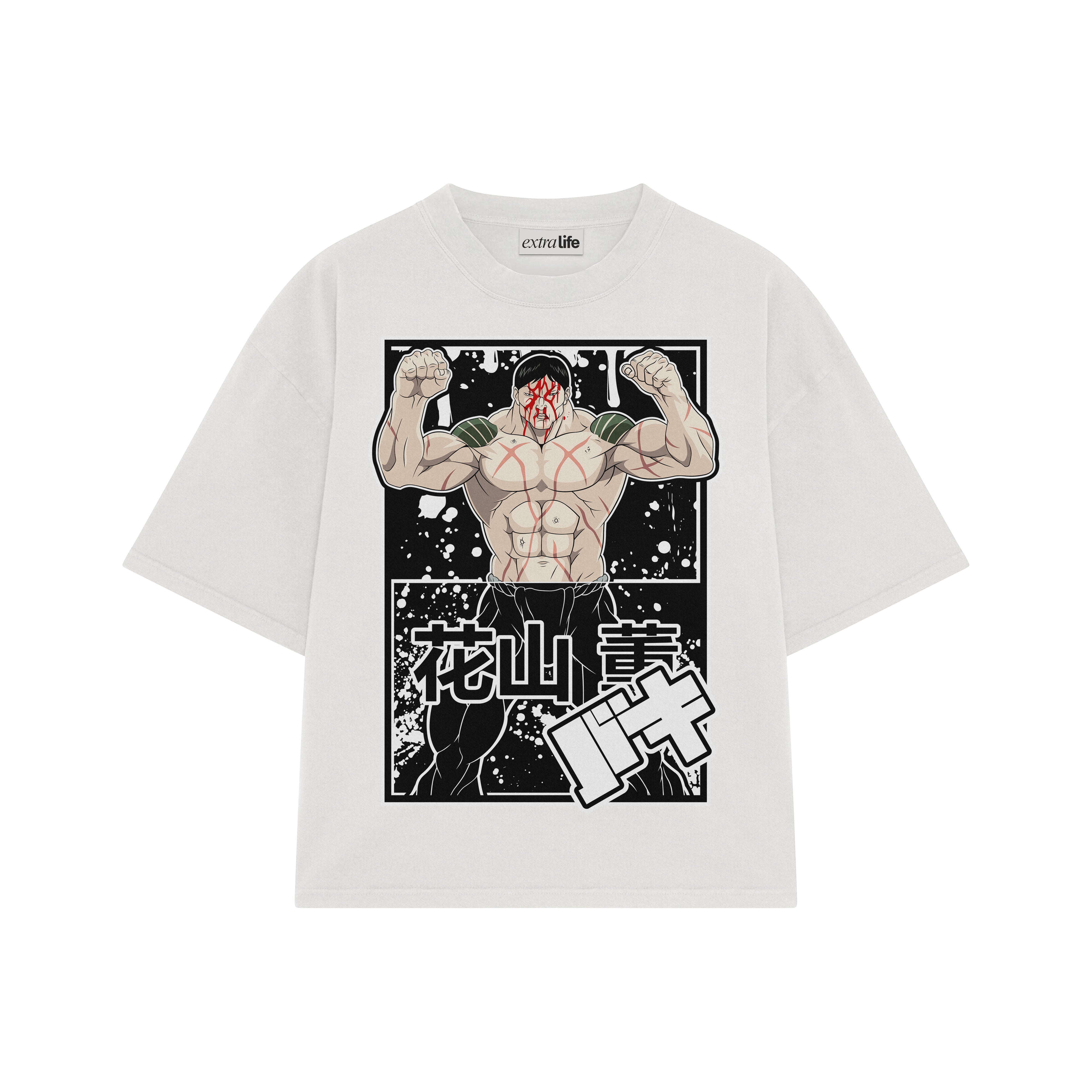 Playera streetwear premium de anime y gaming ExtraLife MX, corte boxy oversized drop shoulder heavyweight en color Deep Black y Off-White, moda urbana mexicana de culto.