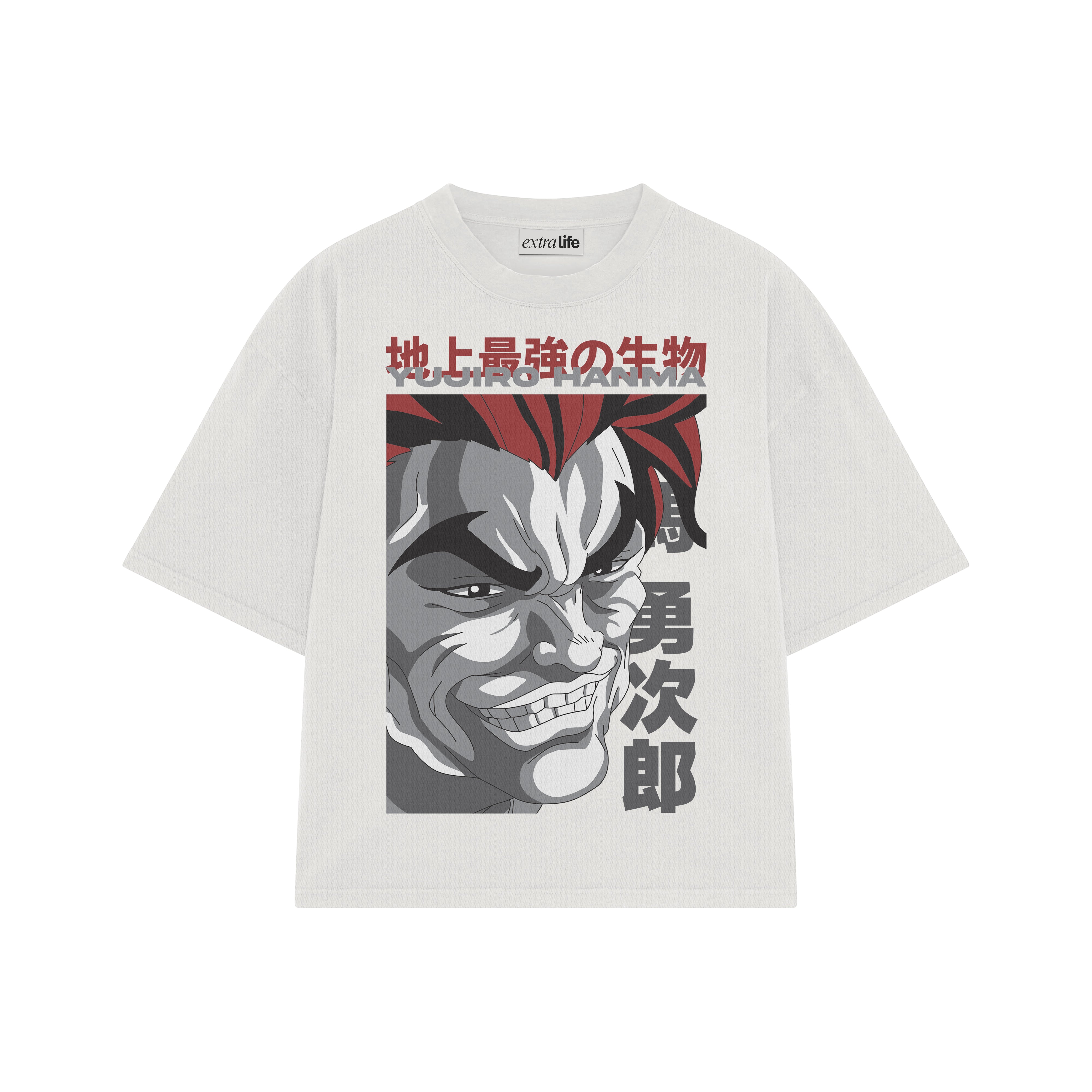 Playera streetwear premium de anime y gaming ExtraLife MX, corte boxy oversized drop shoulder heavyweight en color Deep Black y Off-White, moda urbana mexicana de culto.