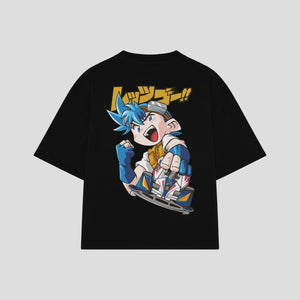Playera streetwear premium de anime y gaming ExtraLife MX, corte boxy oversized drop shoulder heavyweight en color Deep Black y Off-White, moda urbana mexicana de culto.