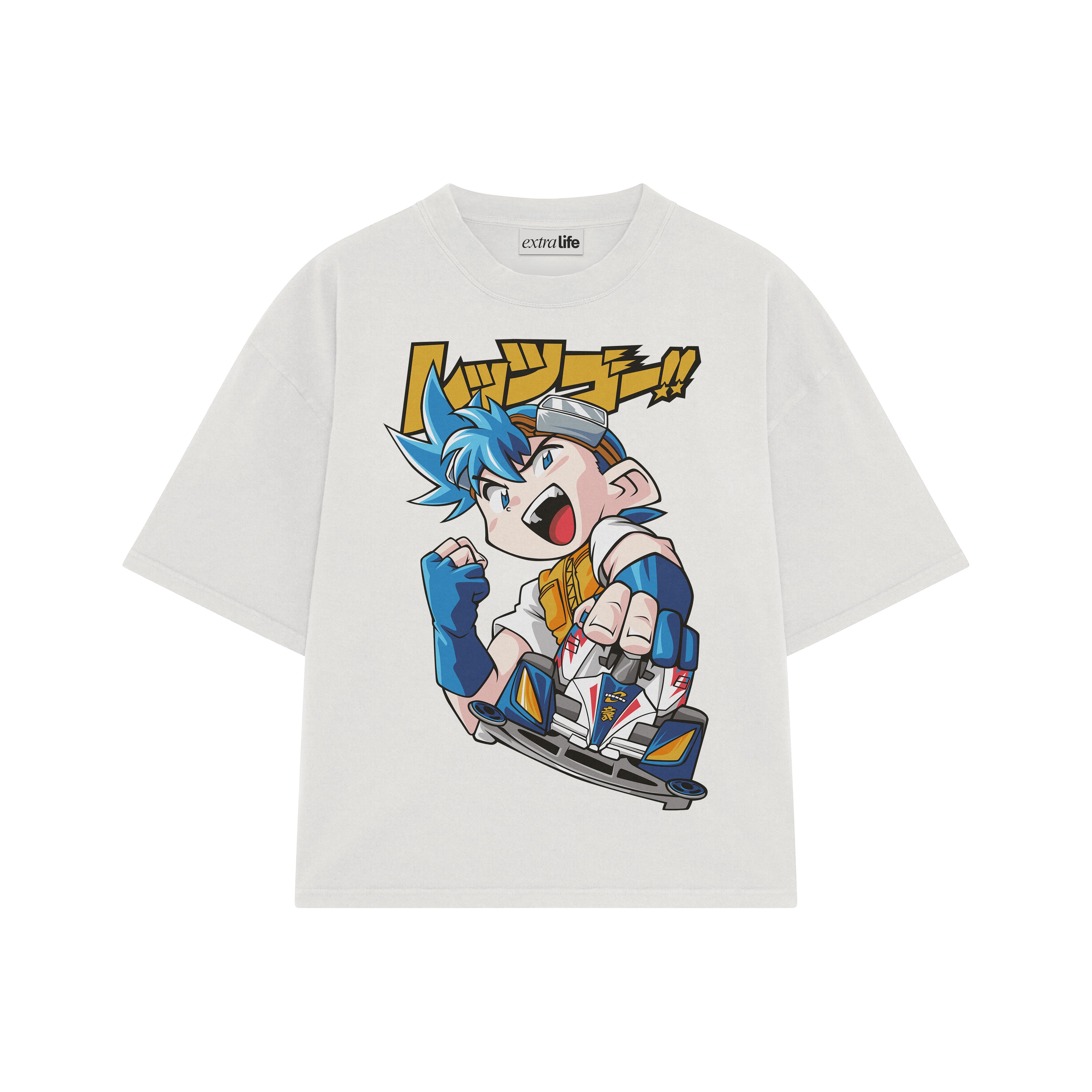 Playera streetwear premium de anime y gaming ExtraLife MX, corte boxy oversized drop shoulder heavyweight en color Deep Black y Off-White, moda urbana mexicana de culto.