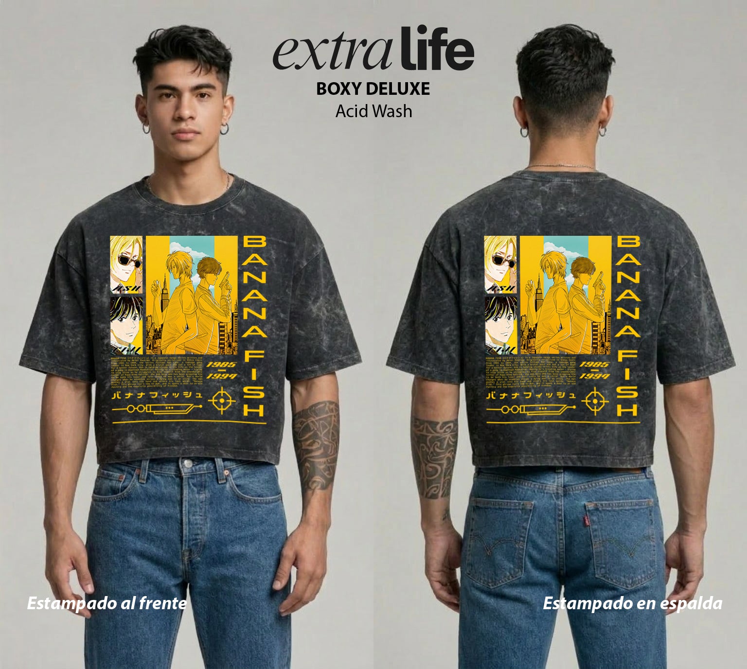Playera streetwear premium de anime y gaming ExtraLife MX, corte boxy deluxe mineral wash heavyweight en color Acid Wash, moda urbana mexicana de culto.