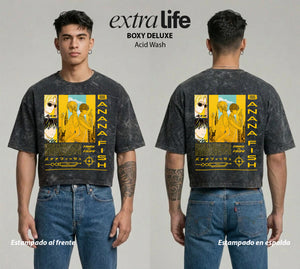 Playera streetwear premium de anime y gaming ExtraLife MX, corte boxy deluxe mineral wash heavyweight en color Acid Wash, moda urbana mexicana de culto.