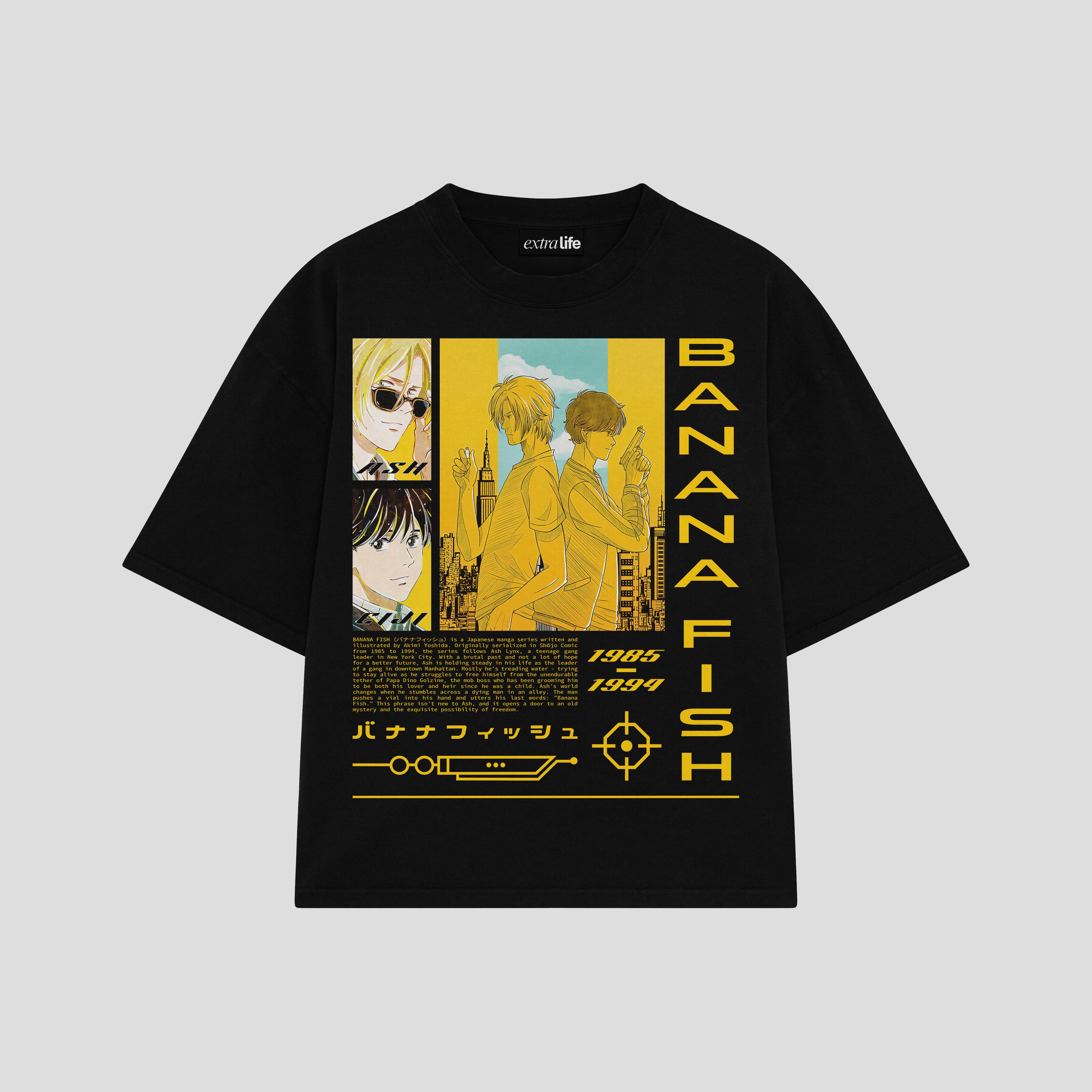 Playera streetwear premium de anime y gaming ExtraLife MX, corte boxy oversized drop shoulder heavyweight en color Deep Black y Off-White, moda urbana mexicana de culto.