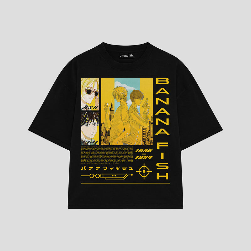 Playera streetwear premium de anime y gaming ExtraLife MX, corte boxy oversized drop shoulder heavyweight en color Deep Black y Off-White, moda urbana mexicana de culto.
