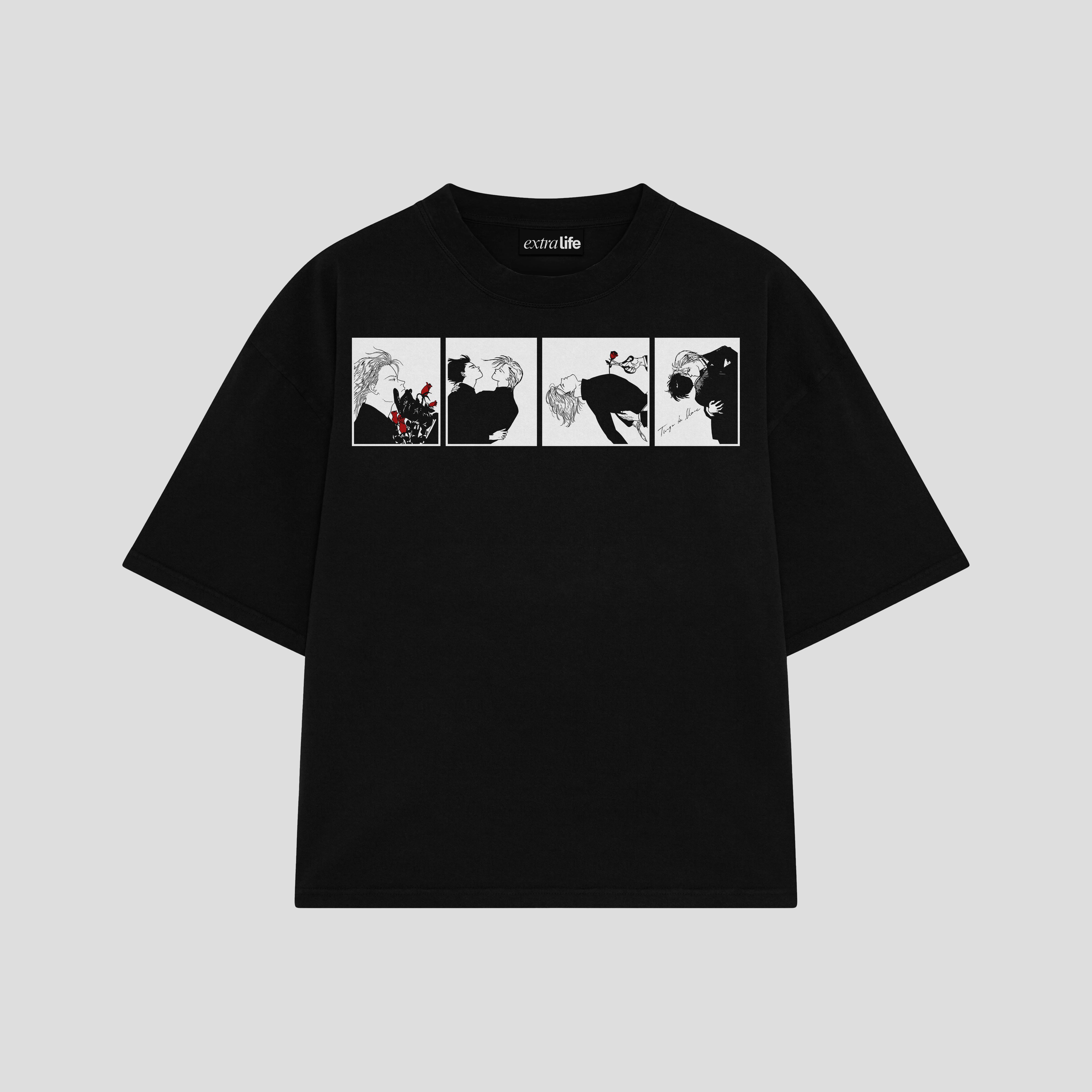 Playera streetwear premium de anime y gaming ExtraLife MX, corte boxy oversized drop shoulder heavyweight en color Deep Black y Off-White, moda urbana mexicana de culto.