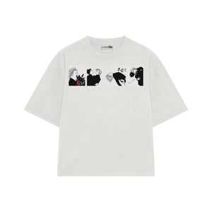 Playera streetwear premium de anime y gaming ExtraLife MX, corte boxy oversized drop shoulder heavyweight en color Deep Black y Off-White, moda urbana mexicana de culto.