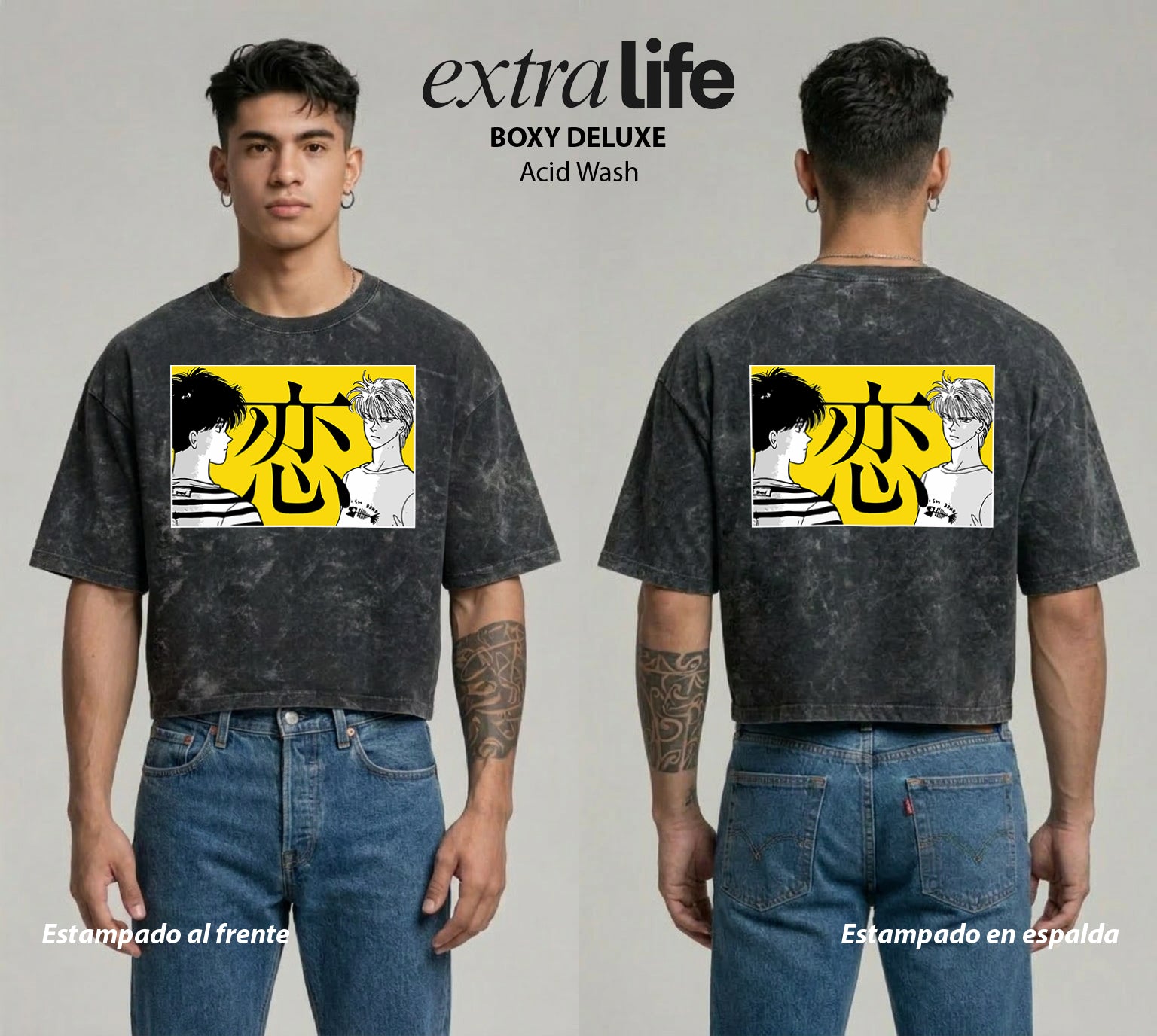 Playera streetwear premium de anime y gaming ExtraLife MX, corte boxy deluxe mineral wash heavyweight en color Acid Wash, moda urbana mexicana de culto.