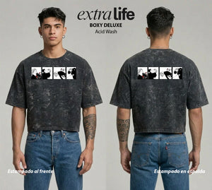 Playera streetwear premium de anime y gaming ExtraLife MX, corte boxy deluxe mineral wash heavyweight en color Acid Wash, moda urbana mexicana de culto.