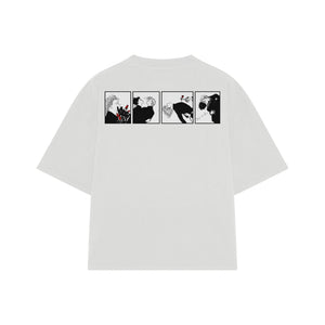 Playera streetwear premium de anime y gaming ExtraLife MX, corte boxy oversized drop shoulder heavyweight en color Deep Black y Off-White, moda urbana mexicana de culto.
