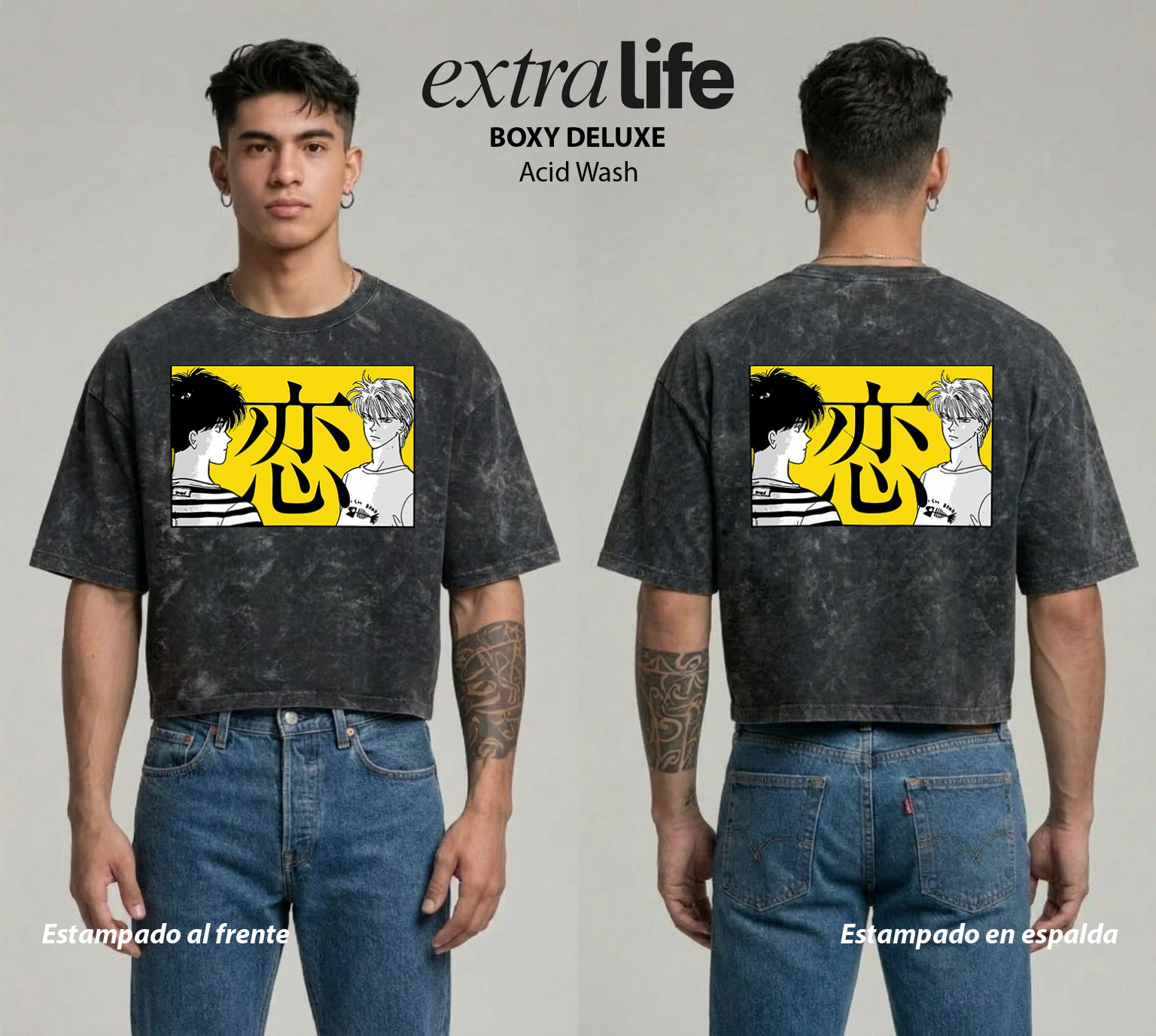 Playera streetwear premium de anime y gaming ExtraLife MX, corte boxy deluxe mineral wash heavyweight en color Acid Wash, moda urbana mexicana de culto.