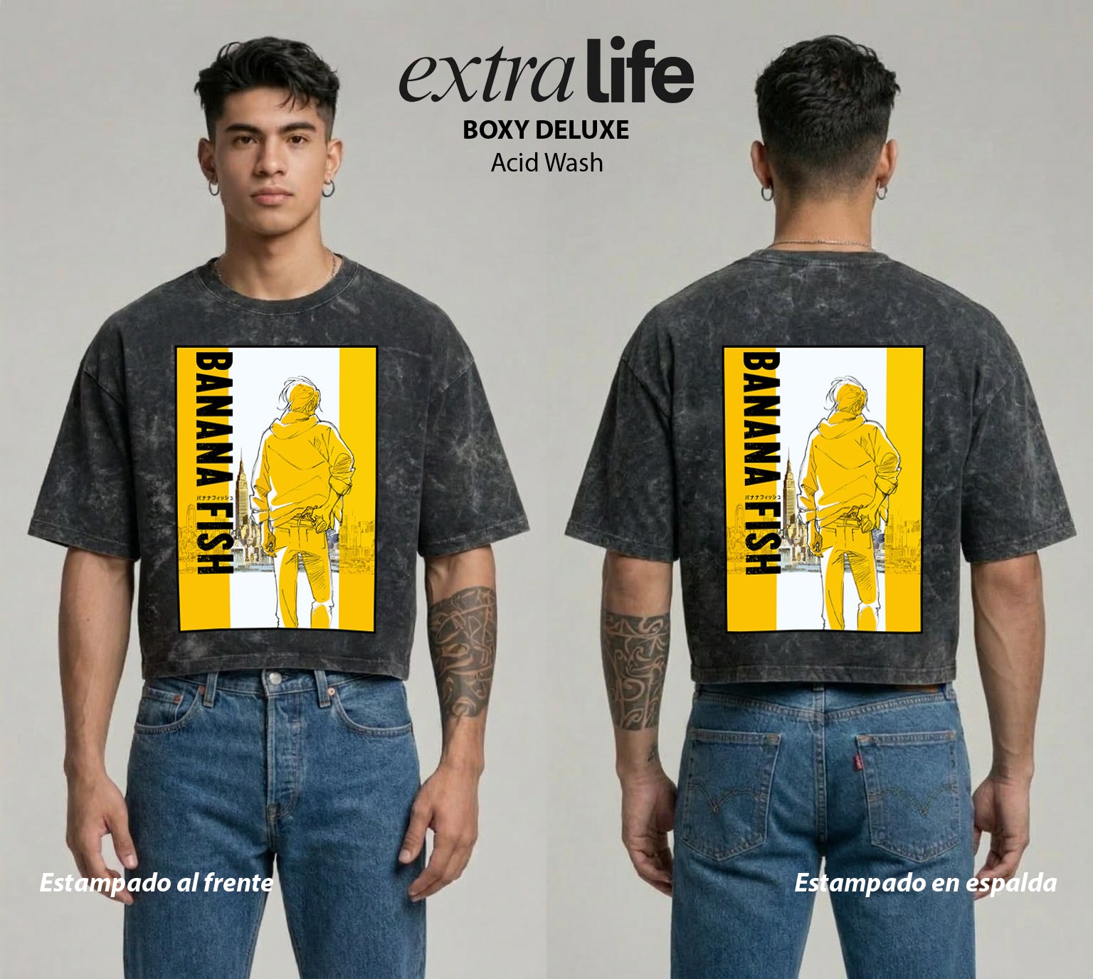 Playera streetwear premium de anime y gaming ExtraLife MX, corte boxy deluxe mineral wash heavyweight en color Acid Wash, moda urbana mexicana de culto.